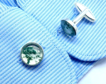 Moss Agate 12x12 mm Round Shape Cabochon Cufflinks, Sterling Silver Cufflinks, Groomsmen Cufflinks, Unisex Cufflinks