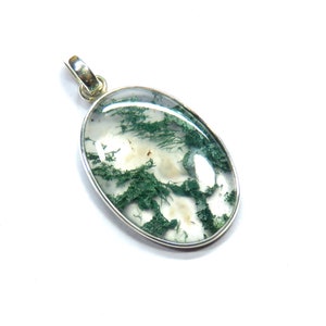 Moss Agate Oval Shape Cabochon Pendant, Sterling Silver Pendant, Unisex Pendant Christmas Gift