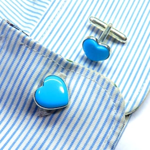 Gemelos de turquesa de la Bella Durmiente con cabujón en forma de corazón de 12 x 12 mm, gemelos de plata de ley, gemelos para padrinos de boda, gemelos unisex