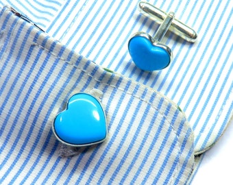 Sleeping Beauty Turquoise 12x12 mm Heart Shape Cabochon Cufflinks, Sterling Silver Cufflinks, Groomsmen Cufflinks, Unisex Cufflinks