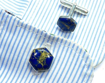 Lapis Mohave Turquoise Cufflinks, Silver Cufflinks, Groomsmen Cufflinks, Sterling Silver Cufflinks, Unisex Cufflinks