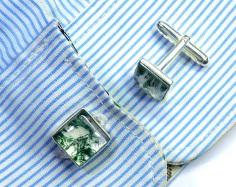 Moss Agate 11x11 mm Square Shape Cabochon Cufflinks, Sterling Silver Cufflinks, Groomsmen Cufflinks, Unisex Cufflinks