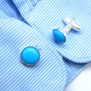 Gemelos de turquesa de la Bella Durmiente con cabujón redondo de 12 x 12 mm, de plata de ley, para padrinos de boda, unisex.