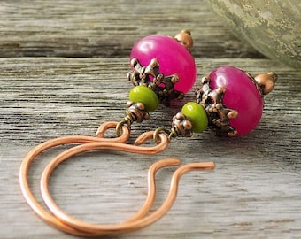 Jade-Creolen Ohrringe Pink Grün Kupfer-Ohrhänger Hippie Retro schlicht
