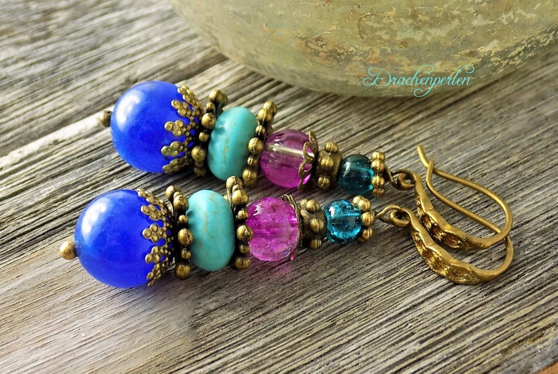 Agate earrings blue purple turquoise vintage style ethnic image 7