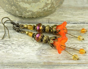 Blütenohrhänger Vintagestil Orange Bronze Blumenohrringe Elfen Geschenk-Idee für Sie Mädchen Frauen