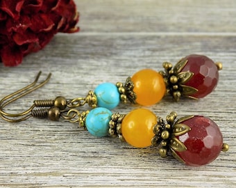 Vintagestil Ohrhänger Bronze Rot Gelb Türkis Jade Ohrringe Geschenk-Idee für Sie Frauen