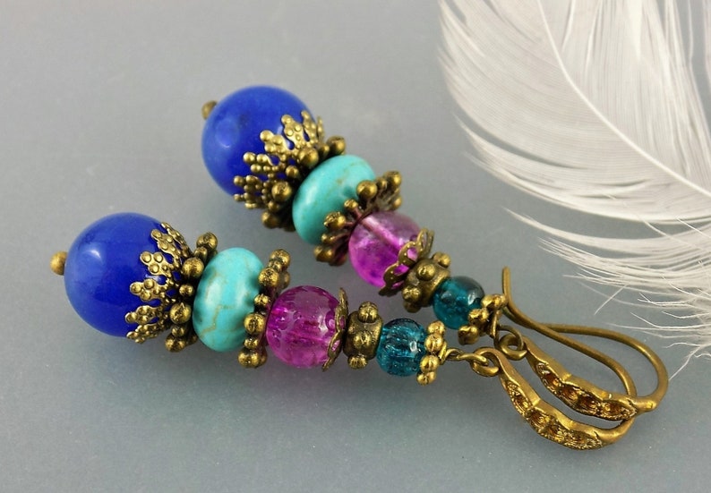 Agate earrings blue purple turquoise vintage style ethnic image 8