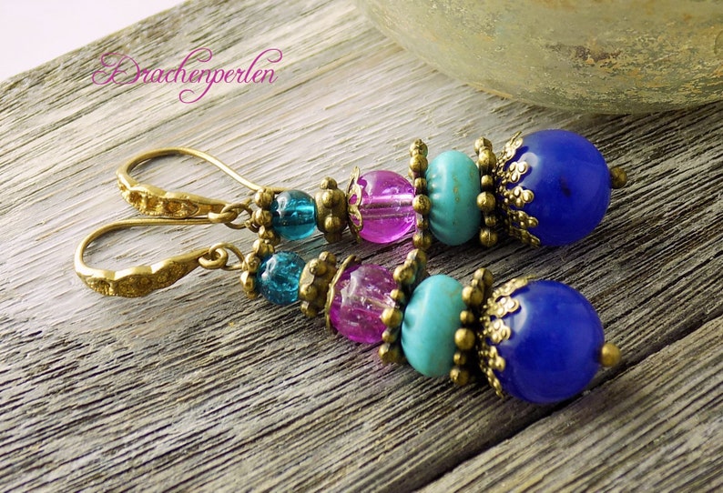 Agate earrings blue purple turquoise vintage style ethnic image 6