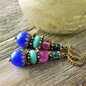 Agate earrings blue purple turquoise vintage style ethnic image 1