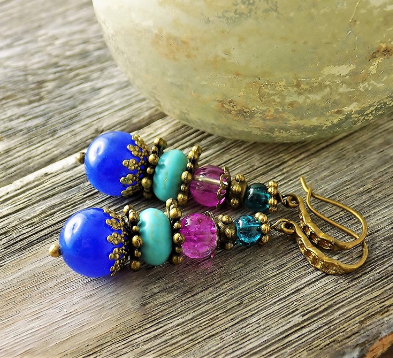 Agate earrings blue purple turquoise vintage style ethnic image 1