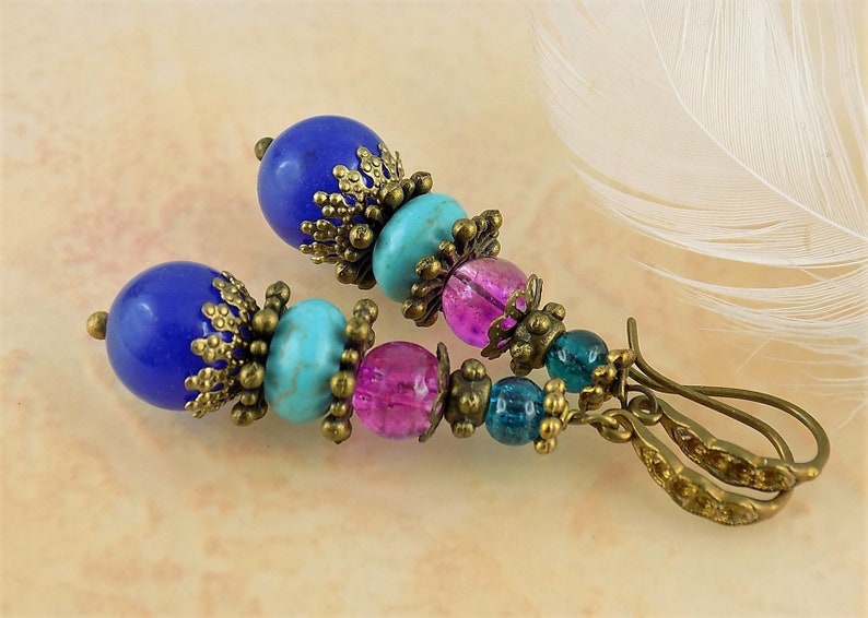 Agate earrings blue purple turquoise vintage style ethnic image 5