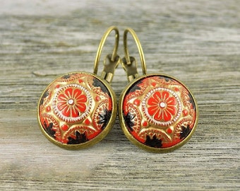 Cabochon Ohrhänger Rot Blau Gold Bronze Mosaik Retro Boho Ohrringe Vintagestil Geschenkidee für Sie Frau Mädchen