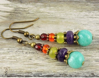 Ohrringe Amethyst Jade lang Vintagestil Ohrhänger Türkis Lila Rot Bronze Boho bunt Edelstein Retro Hippie Ethno Geschenkidee für Sie Frau