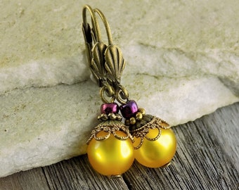Vintage style earrings yellow-purple retro earrings bronze boho romantic gift idea for her women