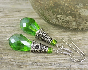 Vintage style earrings green sterling silver ear hooks