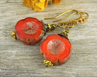 Flower Earrings Vintage Style Earrings Orange Bronze