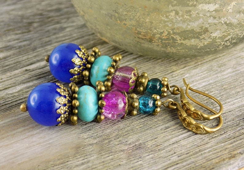 Agate earrings blue purple turquoise vintage style ethnic image 4