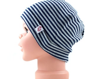 organic bio Baumwoll Ringeljersey Beanie Doppelgrößen kbA marine-grau mitwachsend