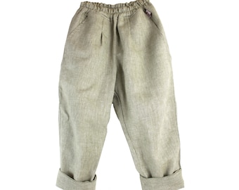 pantalon d'été large long lin coton mélangé chevrons vert olive taille. 92/98