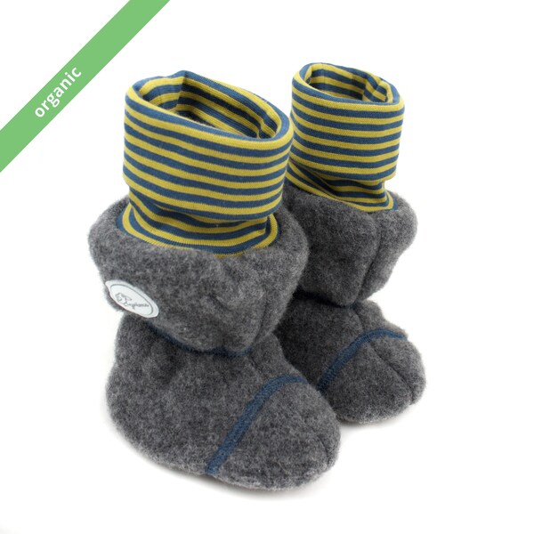 Organic booties made from 100% organic Merino wool fleece anthracite/mustard yellow-denim blue