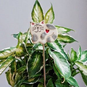 Könnte beinhalten: Eine Keramik-Katzenfigur mit einem roten Herzen auf der Brust ist an einem Metallstab befestigt, der in eine Topfpflanze mit grünen und weißen Blättern gesteckt wird.