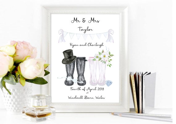 A4,A3 Wellie Gift Personalised Welly Boot Family Portrait Print Watercolour 