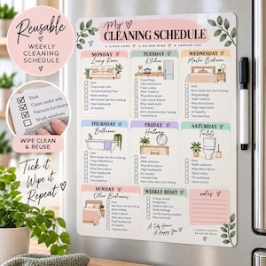May include: A magnetic weekly cleaning schedule board with a white background, pastel-coloured day sections, and illustrations for each room. It includes checkboxes for tasks, a notes section, and a black dry-erase marker attached to the side.