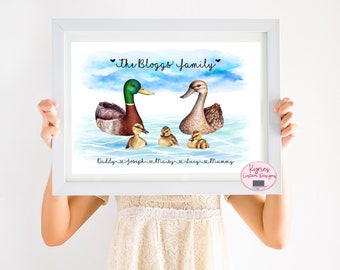 Bathroom Personalised Family Print Cute Duck family A4 Watercolour New Home 