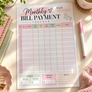 May include: A monthly bill payment tracker sheet with a white background, pink accents, and black text. The header reads Monthly Bill Payment Tracker with a heart icon. Columns include Bill/Expense, Due Date, Amount Due, Date Paid, Amount Paid, Balance, and Notes. The bottom section features fields for Totals, Remaining Balance, and Notes with pound symbols.