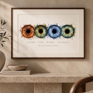 May include: A framed horizontal print featuring four stylised human irises in brown, green, blue, and teal with watercolour-like splashes. Below the irises, the text reads STEPH, TOM, HARRY, GEORGIA and THE REYNOLDS FAMILY in a clean font.