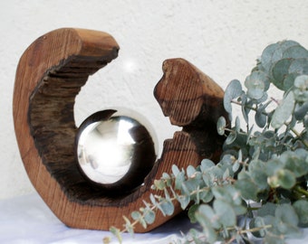 Wood art, wooden sculpture with stainless steel ball, pear tree with ball