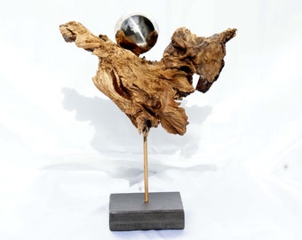 Driftwood art, ANGEL, driftwood sculpture 27 cm, decorative object made of driftwood with stainless steel ball