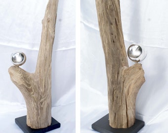 Driftwood art, driftwood sculpture 77 cm, decorative object made of driftwood with stainless steel ball