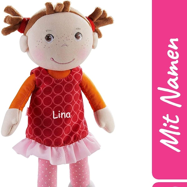 Puppe mit Namen personalisiert, HABA Stoffpuppe Mirka, Erste Baby Puppe Kuschelpuppe, Geschenk zum 1. Geburtstag, Taufe, Geburt