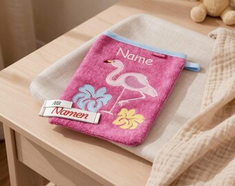 Waschhandschuh mit Namen Flamingo Design - Geschenk für Baby & Kinder zur Geburt/Taufe Personalisierter Frottee Waschlappen