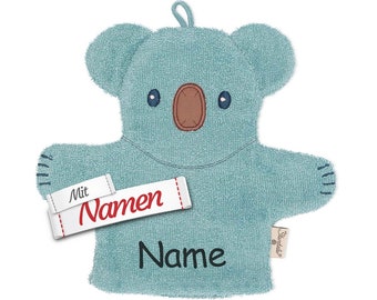 Waschlappen personalisiert mit Namen / bestickt, Sterntaler Kinder Koala Kalla, 2 in 1: Waschhandschuh / Handpuppe, GOTS zertifiziert