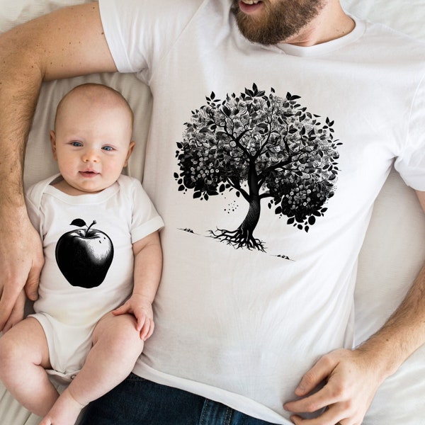 Vater Sohn Shirt Apfelbaum und Apfel Partnerlook Shirt Mama Tochter Outfit Set Babybody bedruckt Vater Sohn Geschenk für Vatertag