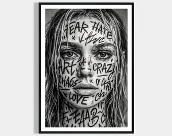 Schwarz-Weiß Frauen Poster Tattoo - Urbane Kunst Print - Moderne Vintage Bilder & Wohndekoration - Wanddekoration Wohnzimmer Schlafzimmer