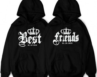 BEST FRIENDS Hoodies für 2  mit Wunschdatum und Krone im SET Beste Freunde Pullis Couple Pullover Pärchen