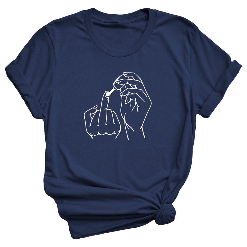 May include: A navy blue t-shirt with a white outline of a hand giving the middle finger and another hand holding a small object.