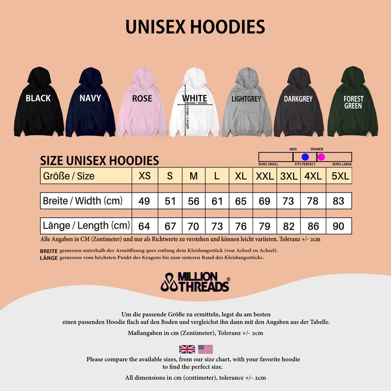 May include: Size chart for unisex hoodies in various colors, including black, navy, rose, white, light grey, dark grey, and forest green. The chart shows the width and length measurements in centimeters for sizes XS to 5XL.