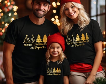 Familienoutfit Weihnachten Unser erstes Weihnachten Mama Papa Mini Shirts Tannenbäume Babybody bedruckt Weihnachtsoutfit Familie