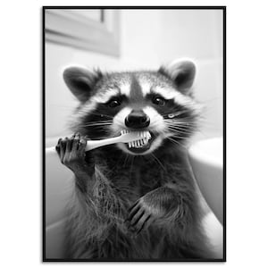 Waschbär Poster Badezimmer Tiere Waschbär putzt Zähne Gäste WC Bild Geschenk Hauskauf Badezimmer Print Trendige Poster Lustige Bilder
