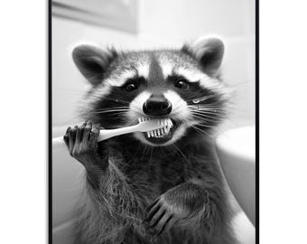 May include: A black and white photo of a raccoon brushing its teeth with a toothbrush. The raccoon is sitting in a bathroom sink and has a happy expression on its face.