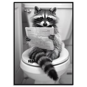 Procione sul water che legge il giornale, poster per il bagno, animali, decorazione per il bagno degli ospiti, procione sul water, immagini divertenti per il bagno