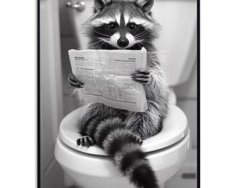 Raccoon on toilet reading newspaper Bathroom poster Animals Guest WC decor Raccoon on toilet Bathroom pictures funny