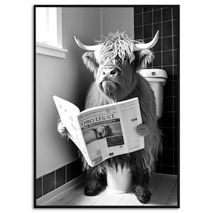 Kuh auf Klo Poster Gäste WC Bild Badezimmer Deko Highland Cow Bild Lustige Poster Wanddeko Art Deco Wanddekoration Einweihungsgeschenk