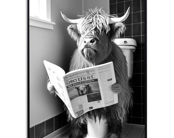 May include: A black and white photograph of a Highland cow sitting on a toilet and reading a newspaper. The newspaper headline reads "ORO LISSL SO PIU ECONOMIX".