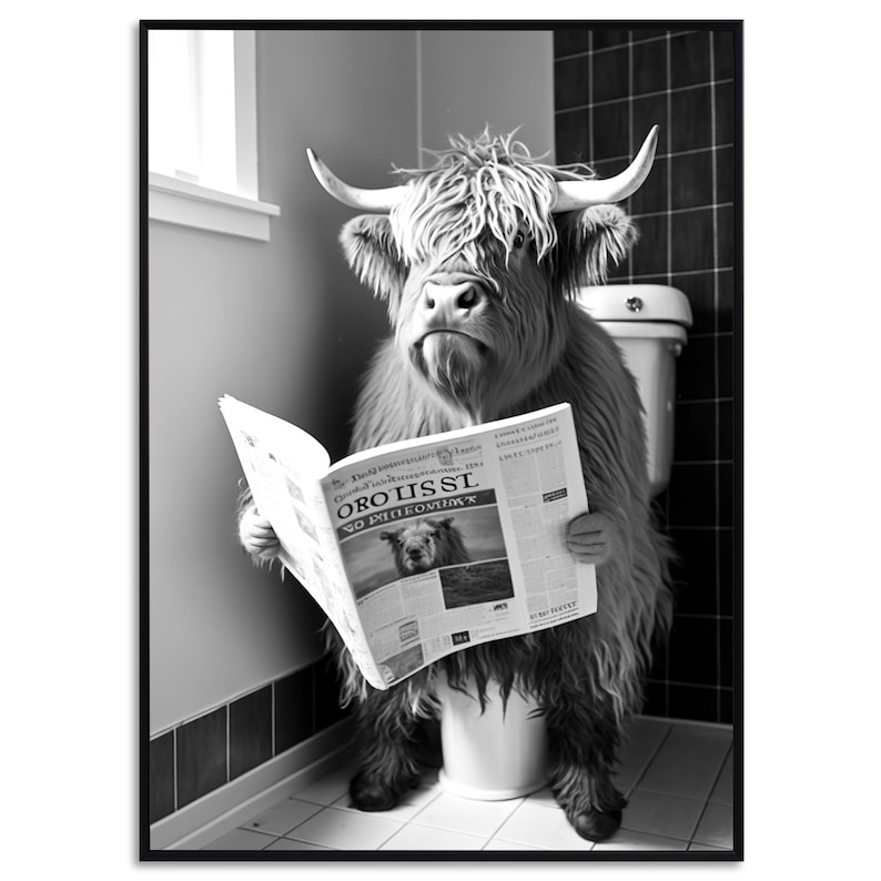 Op de afbeelding: Een zwart-witfoto van een Schotse hooglander die op een toilet zit en een krant leest. De krantenkoppen luiden "ORO LISSL SO PIU ECONOMIX".